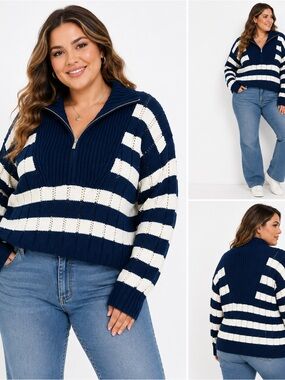 Women’s 1X Plus Size Navy & White Striped Quarter-Zip Knit Sweater Chunky knit